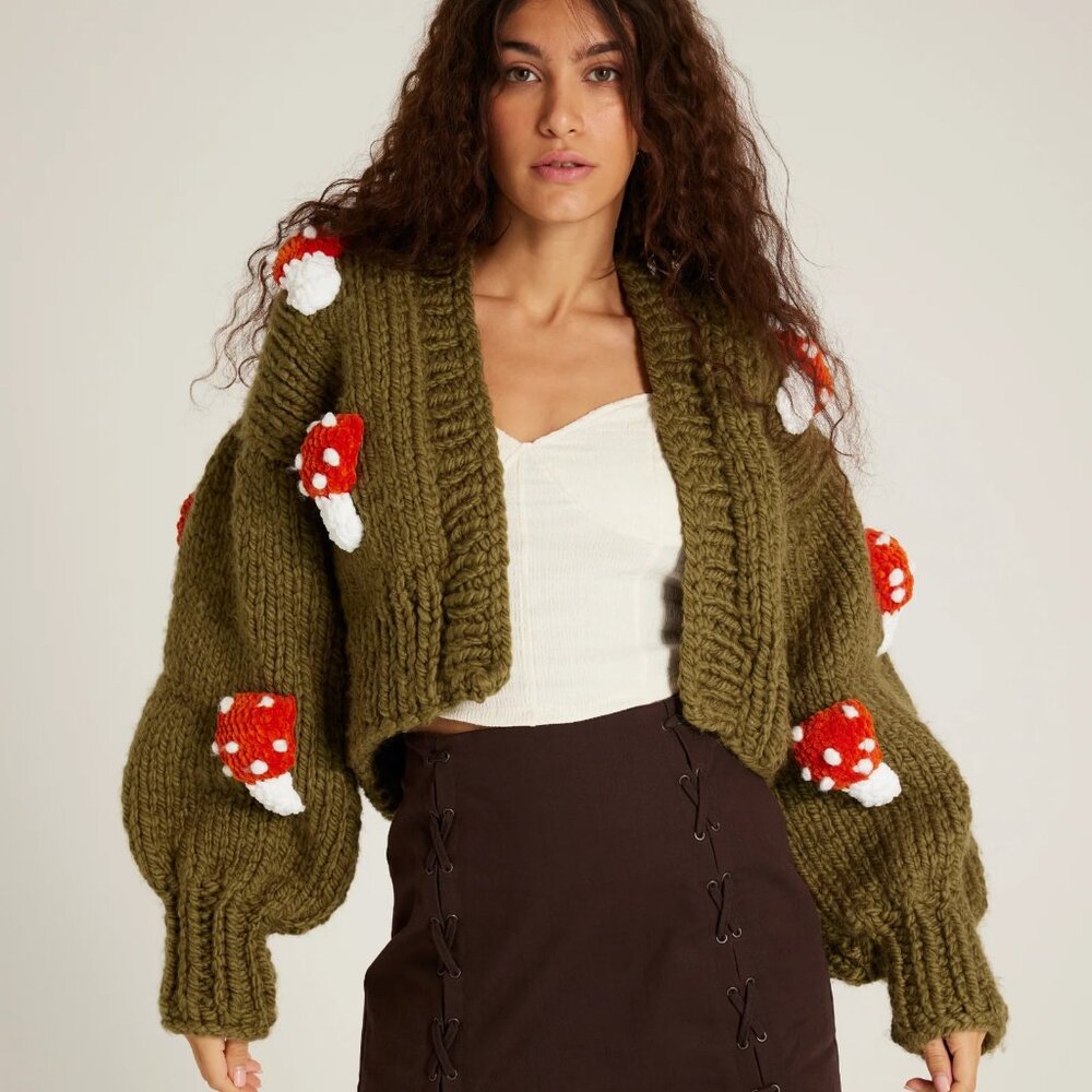Society Mano Mushroom Green Cropped Chunky Cardigan Sweater Women S/ MSRP$249 - Picture 1 of 10